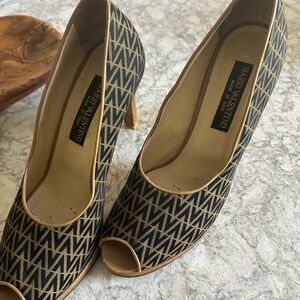 Mario Valentino Black and Tan Patterned Peep-Toe Heels